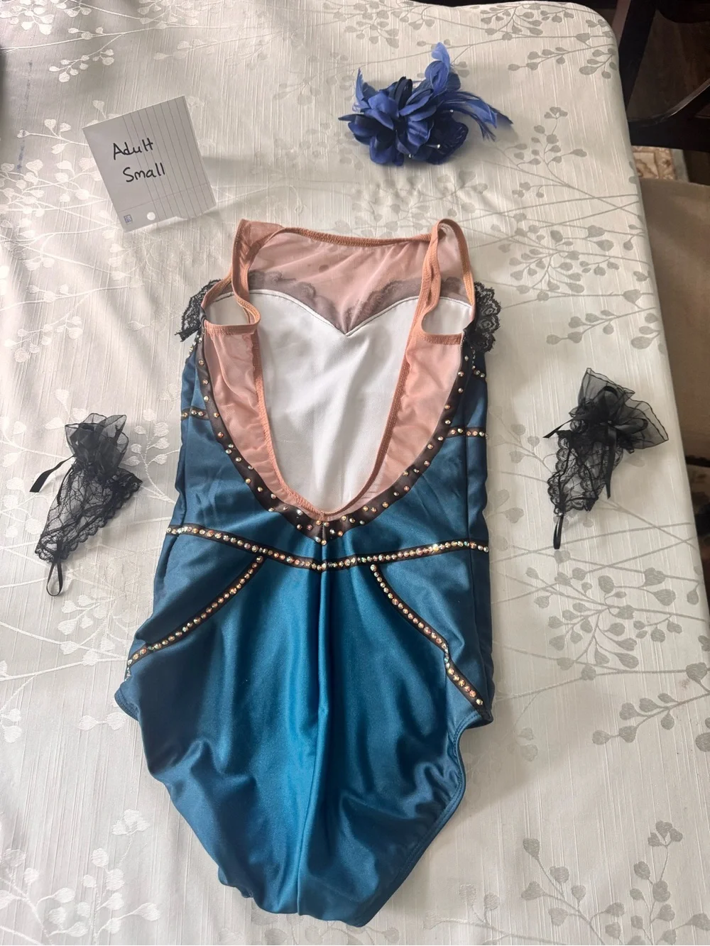 Girls' Adult Small Teal Embellished Dance Leotard with Black Lace Trim